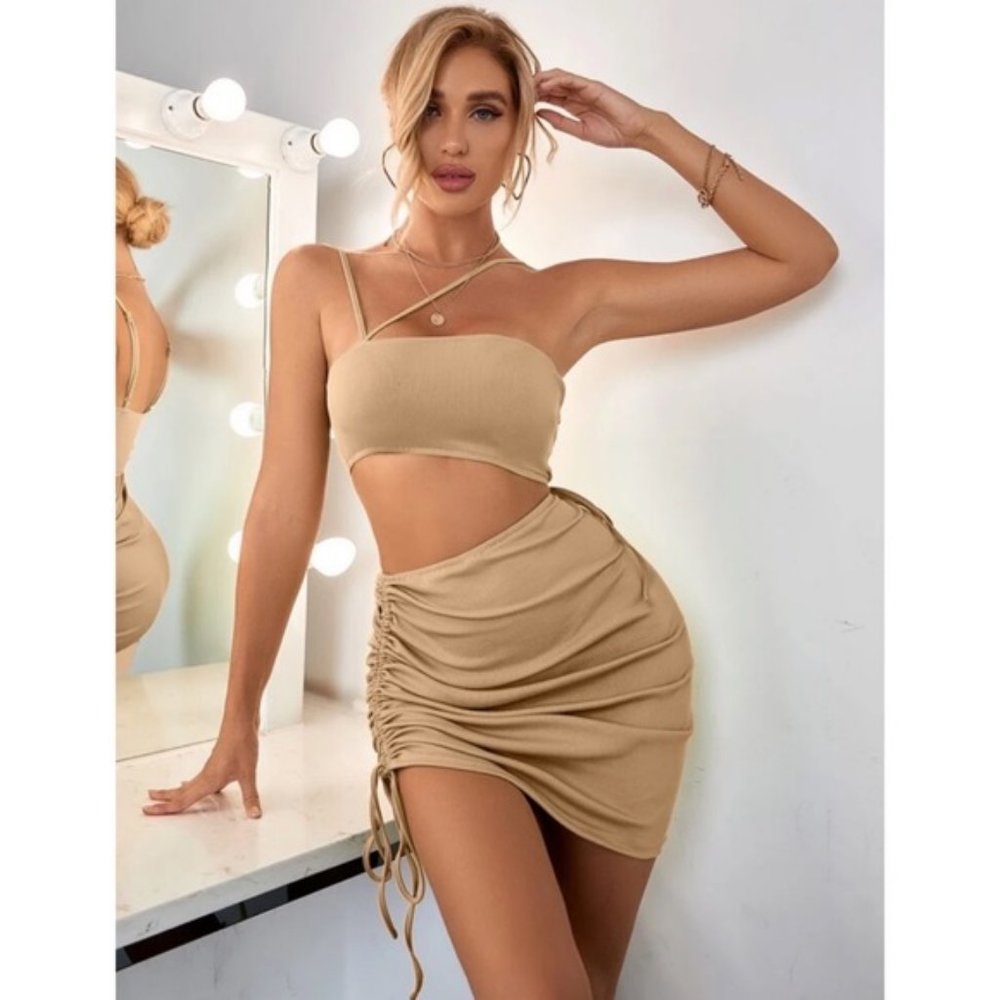 2/$45 shein- cream tan asymmetrical adjustable sexy party dress